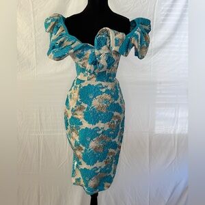 Fashion Nova Teal and Gold Floral Midi Dress